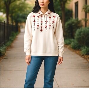 VTG Alfred Dunner Floral Embroidered 1/4 Zip Sweater Large Cottagecore Granny